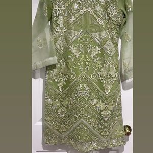 Desi wear Pakistani Indian 3pc Embroidered shirt, duppata and silk trouser.